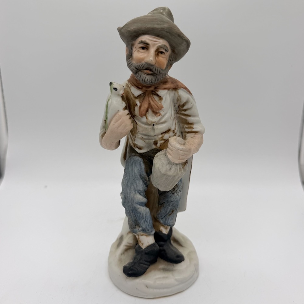 Vintage Peasant Elderly Man Carrying Jug and Bird Figurine 7 1/2" Rustic Decor
